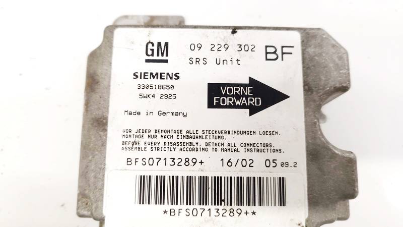 09229302 Opel Astra 2002 SRS gaisa spilvena dators – gaisa spilvenu vadības bloks - Thumbnail 2