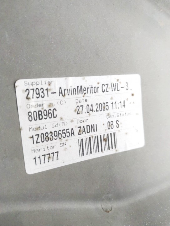 1Z0839655A Skoda Octavia 2005 Door winder mechanism (Window Regulator) - REAR LEFT - Thumbnail 3